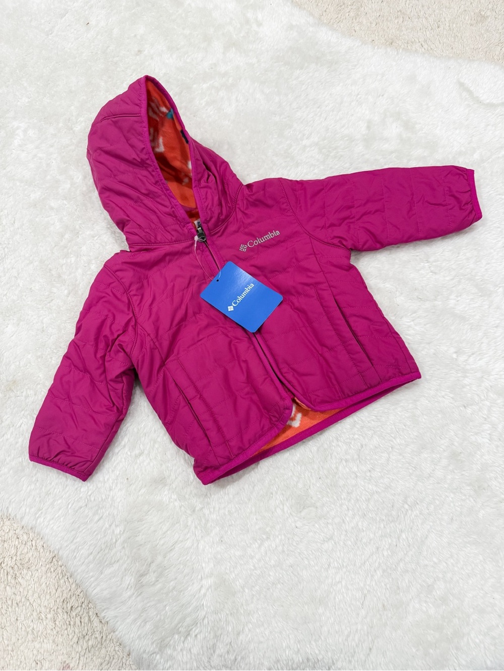 Columbia Pink Hooded Puffer Jacket for Infsnt with reversible fleece lining